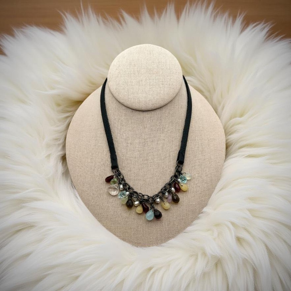 Vintage Silpada Multi Gemstone Black Leather Necklace 16-18” Topaz Pearl Garnet